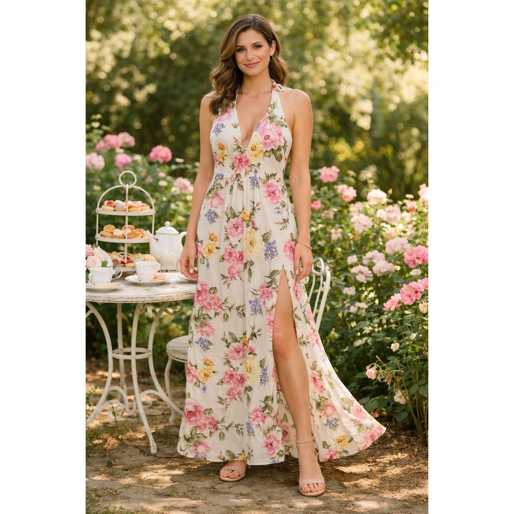 Floral Halter Maxi Dress Women's‎ Small Brunch Garden Party Feminine